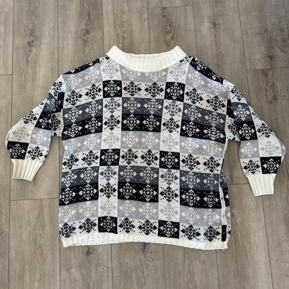 Vintage Stefano Sweater One Size Black White‎ Snowflake Crewneck Pullover Winter